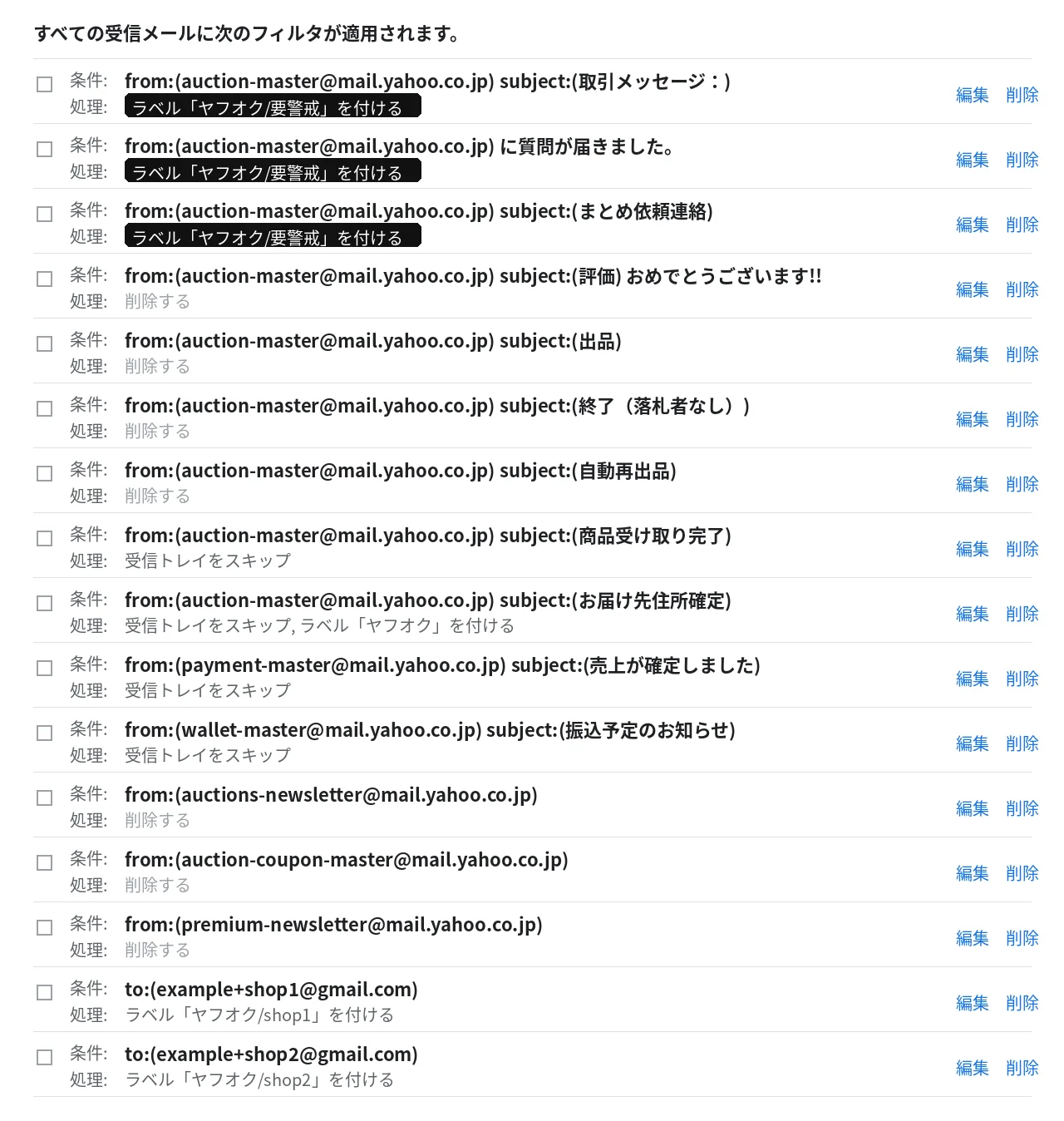 Gmailのフィルタ一覧。差出人と件名の組み合わせごとに、削除・受信トレイをスキップ・ラベルを付けるのいずれかが設定されている