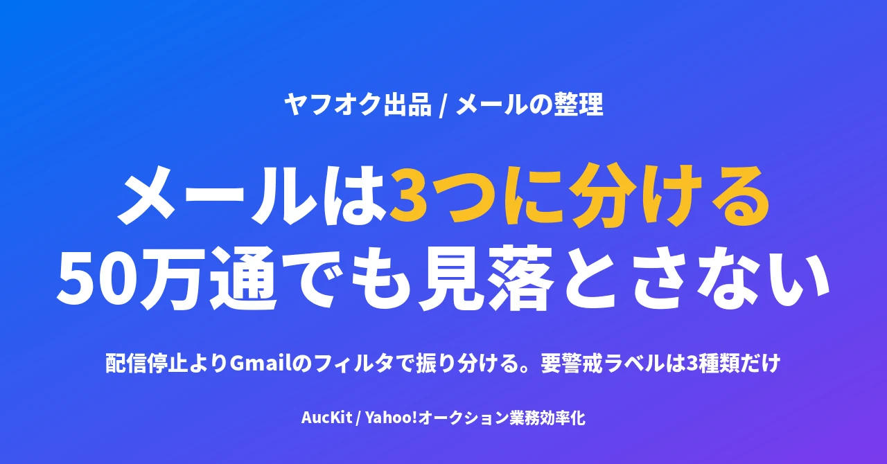 ヤフオクのメールは3つに分ければ50万通でも見落とさない ── 配信停止よりGmailのフィルタで振り分ける